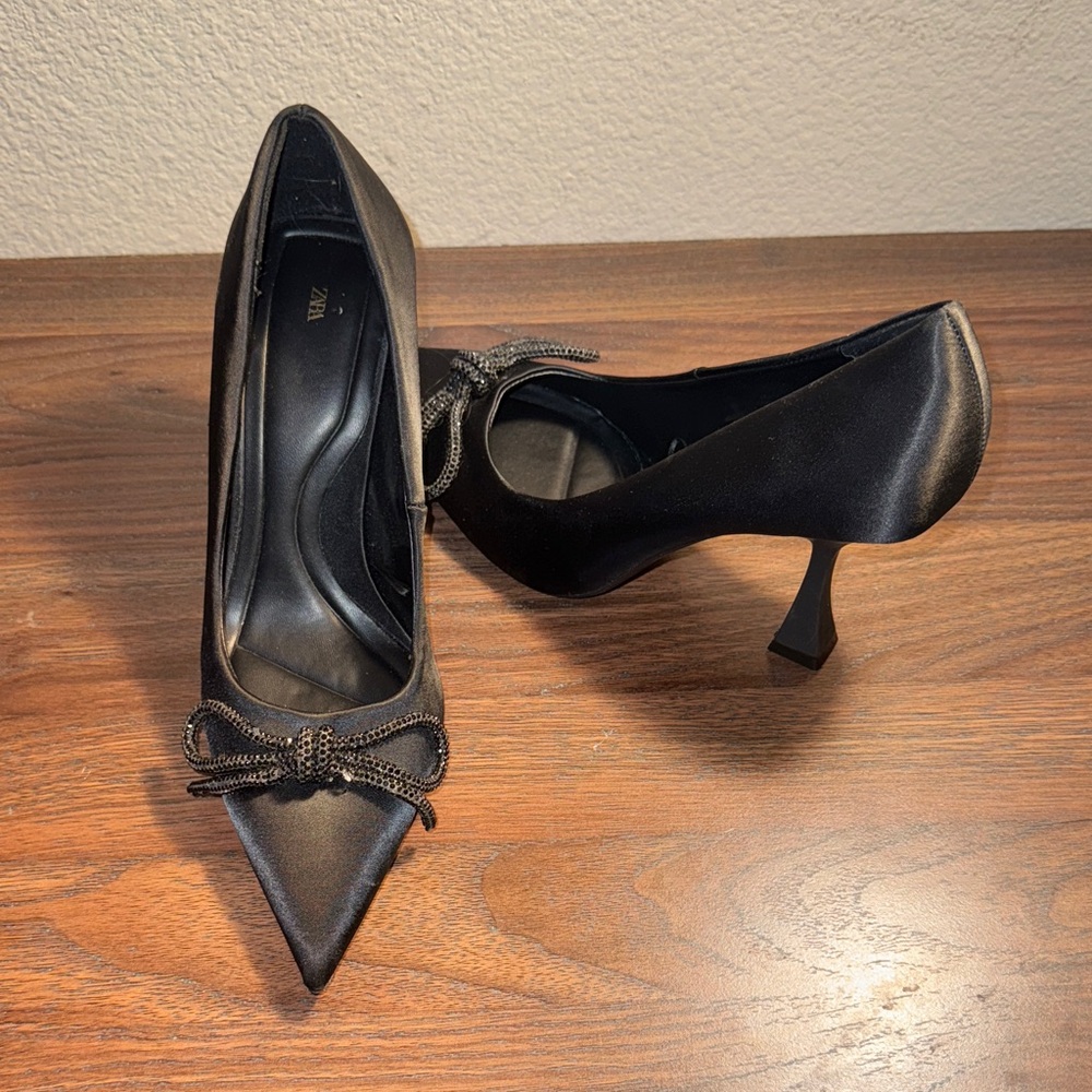 Zara Black Satin Heels with Bow Accent